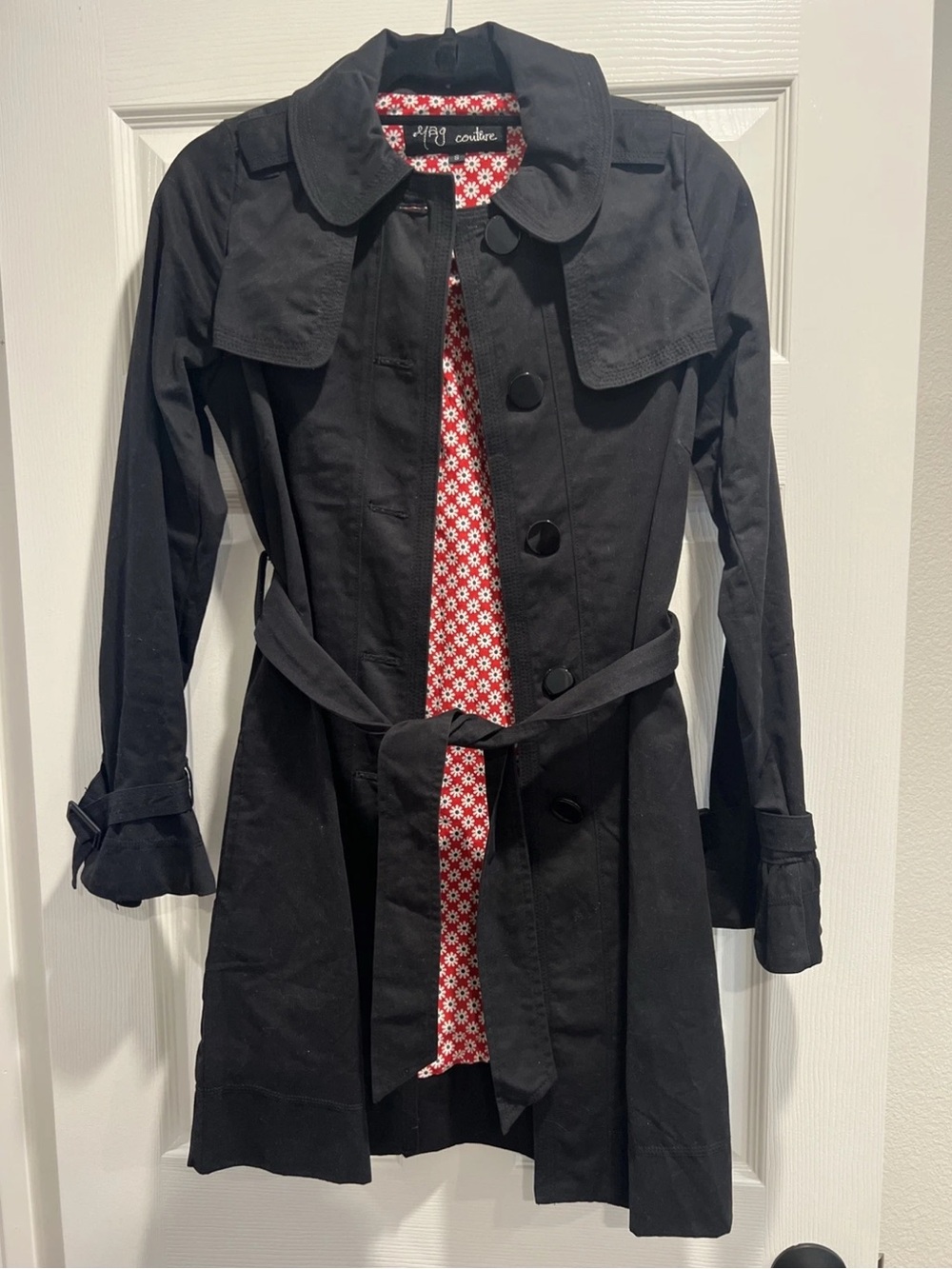 Yag Couture Black Trench Coat with Red Floral Lining